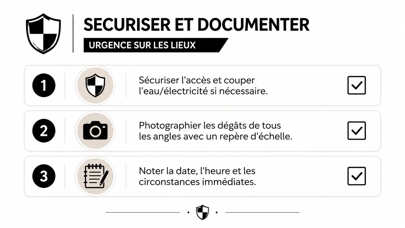 Une infographie listant trois étapes essentielles pour sécuriser et documenter un sinistre sur les lieux.