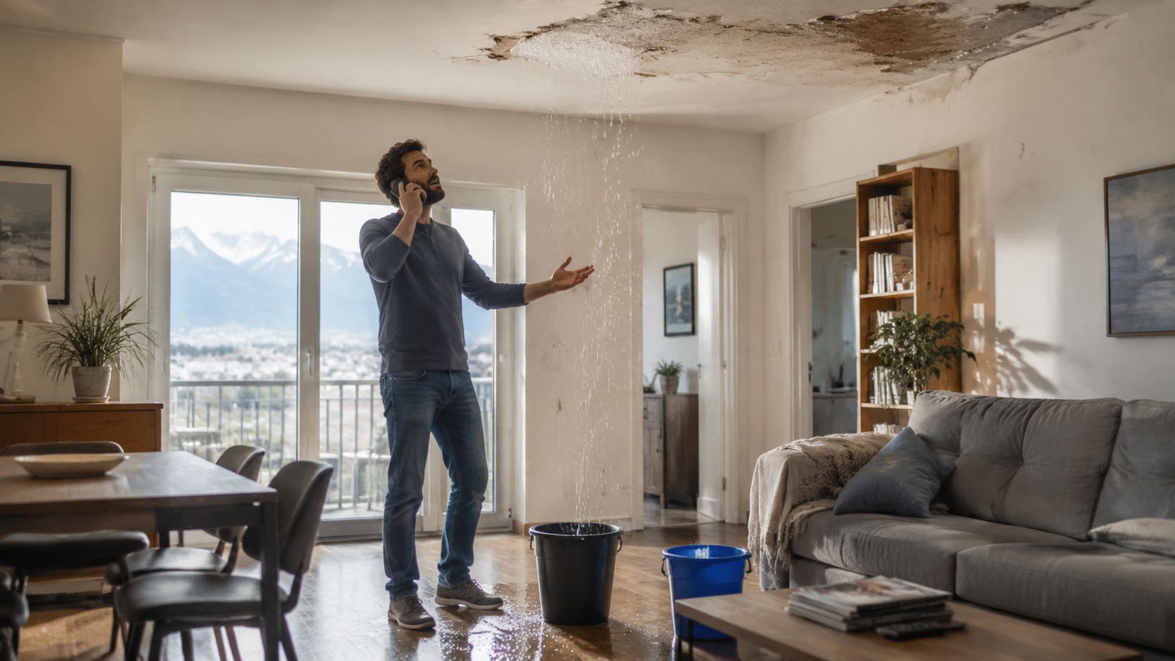 Un homme au téléphone inquiet face à une fuite d'eau importante provenant du plafond de son appartement.