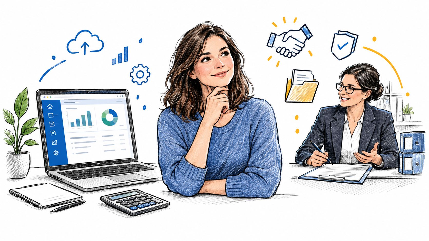 Une femme réfléchit devant son ordinateur portable tandis qu'une conseillère examine des documents comptables pour une entreprise.