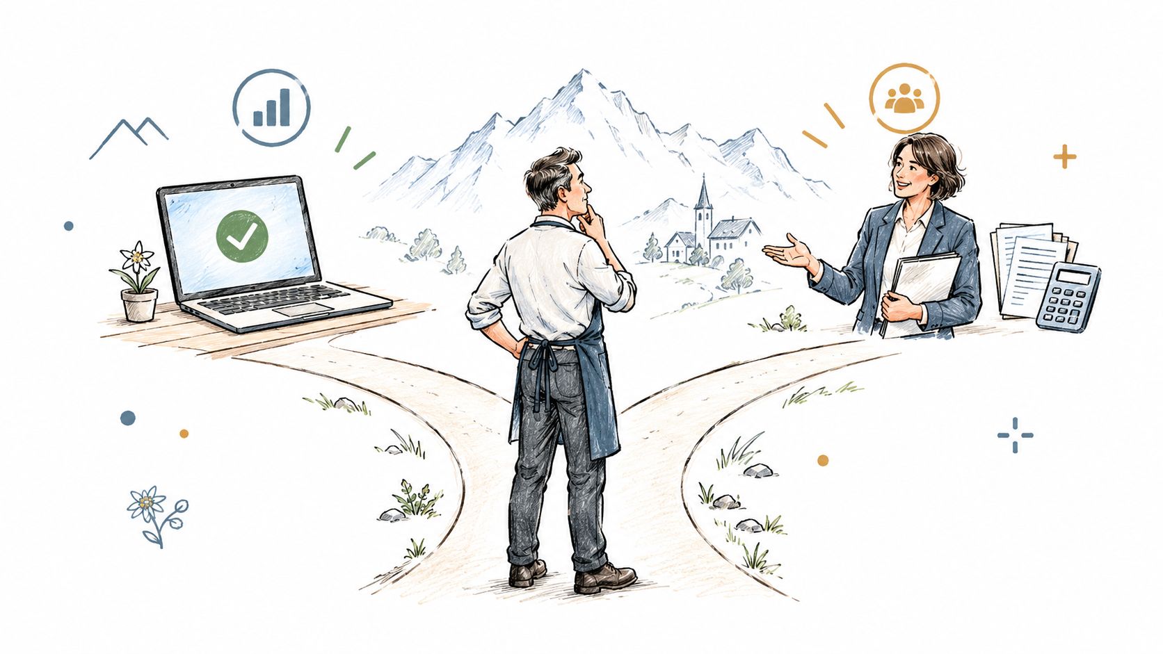 Un artisan hésitant devant le choix entre un logiciel de comptabilité en ligne ou un expert comptable professionnel.