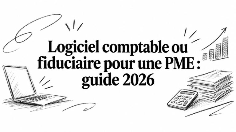 Esquisses d'un ordinateur portable, d'une calculatrice et de documents, autour d'un titre sur la tenue des comptes d'une PME