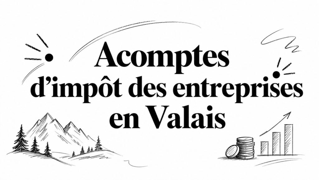 Titre « Acomptes d’impôt des entreprises en Valais » entouré de croquis au crayon de montagnes, de pièces et d’un graphique