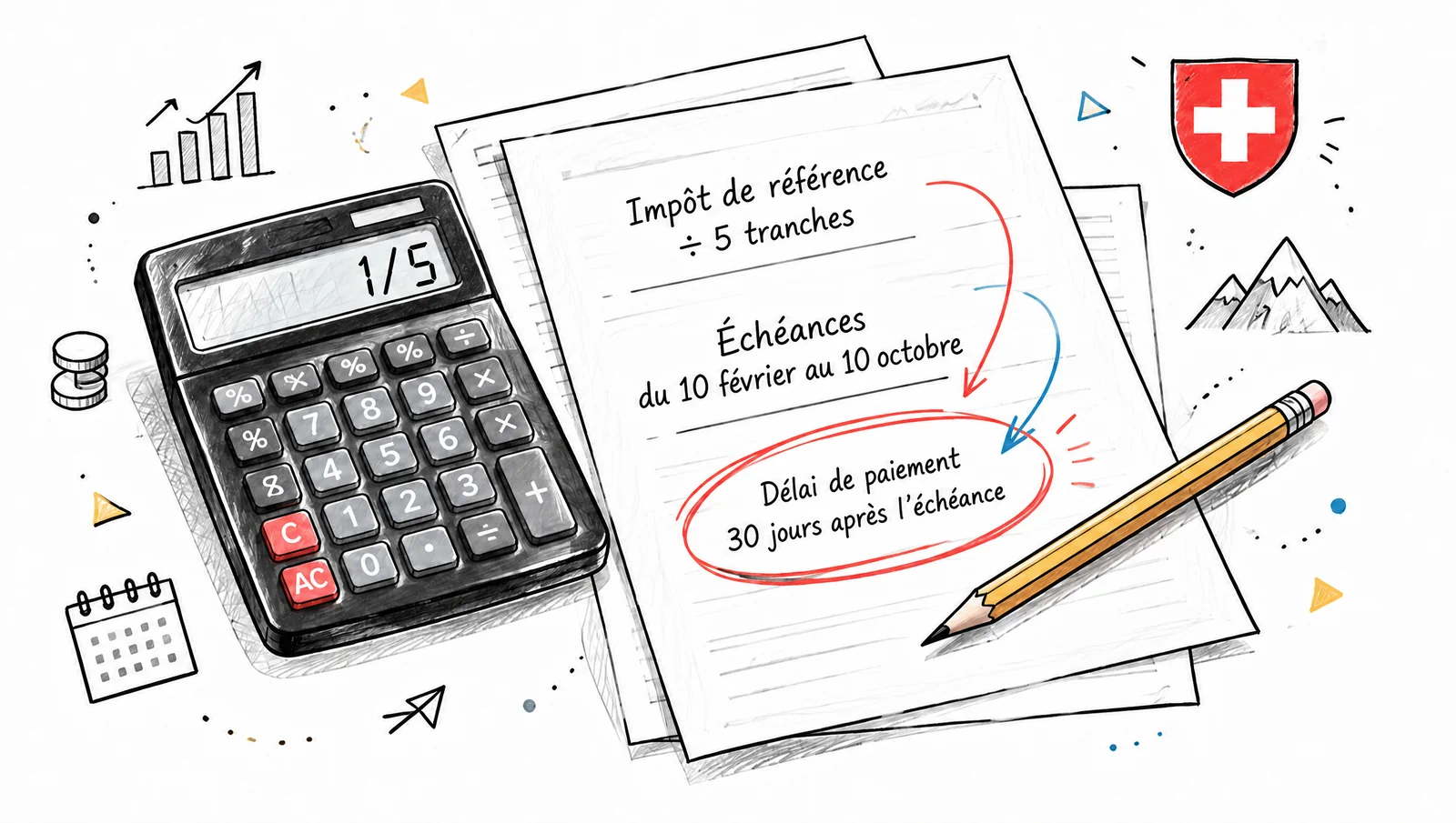 Croquis du calcul des acomptes d'impôt en Valais : impôt de référence en 5 tranches, du 10 février au 10 octobre