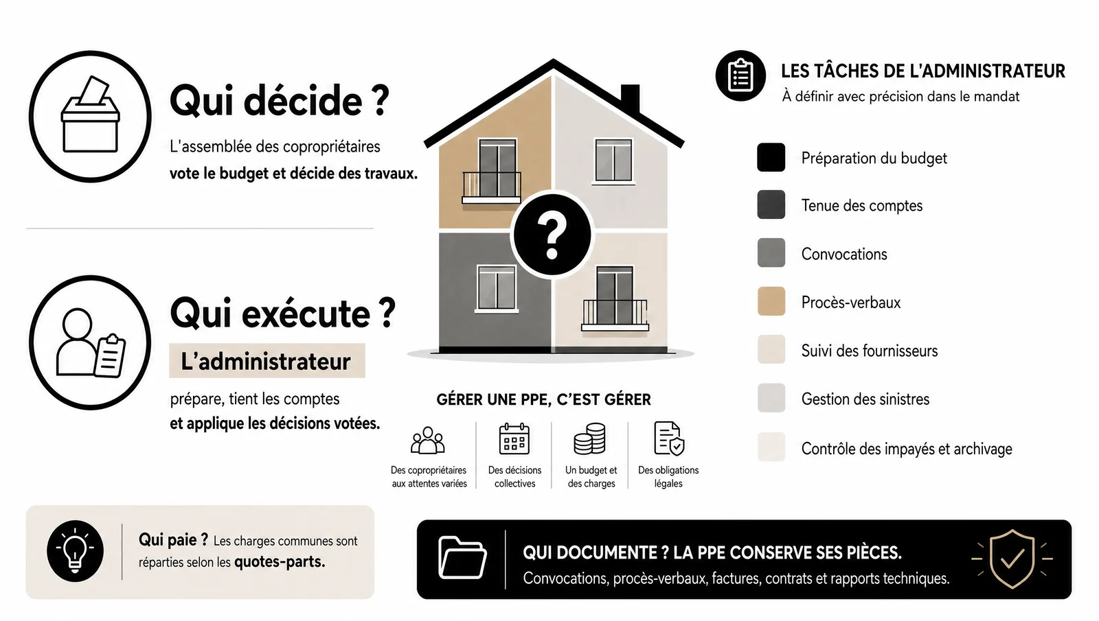 Infographie PPE en Suisse : qui décide, qui exécute, qui paie, qui documente et tâches de l'administrateur