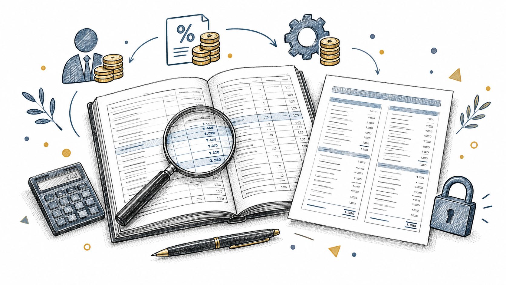 Illustration comptable montrant un livre de comptes ouvert avec une loupe, une calculatrice, un stylo et un cadenas.