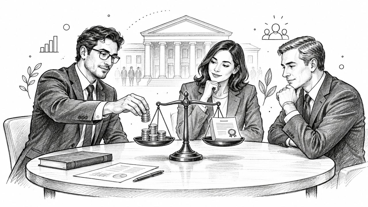 Des professionnels en costume autour d'une table avec une balance illustrant l'équilibre financier et juridique