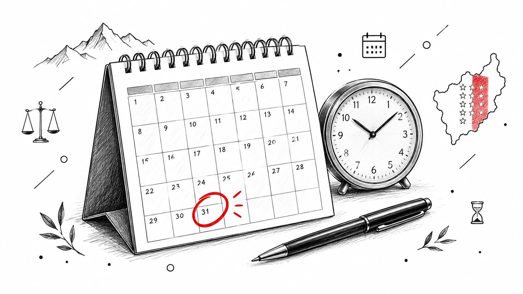 Un calendrier de bureau avec le 31 entouré en rouge, accompagné d'une horloge, d'un stylo et symboles.