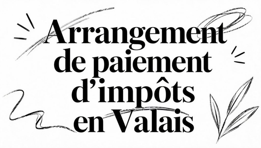 Titre « Arrangement de paiement d’impôts en Valais » en grandes lettres noires, avec traits de crayon et feuillage esquissé