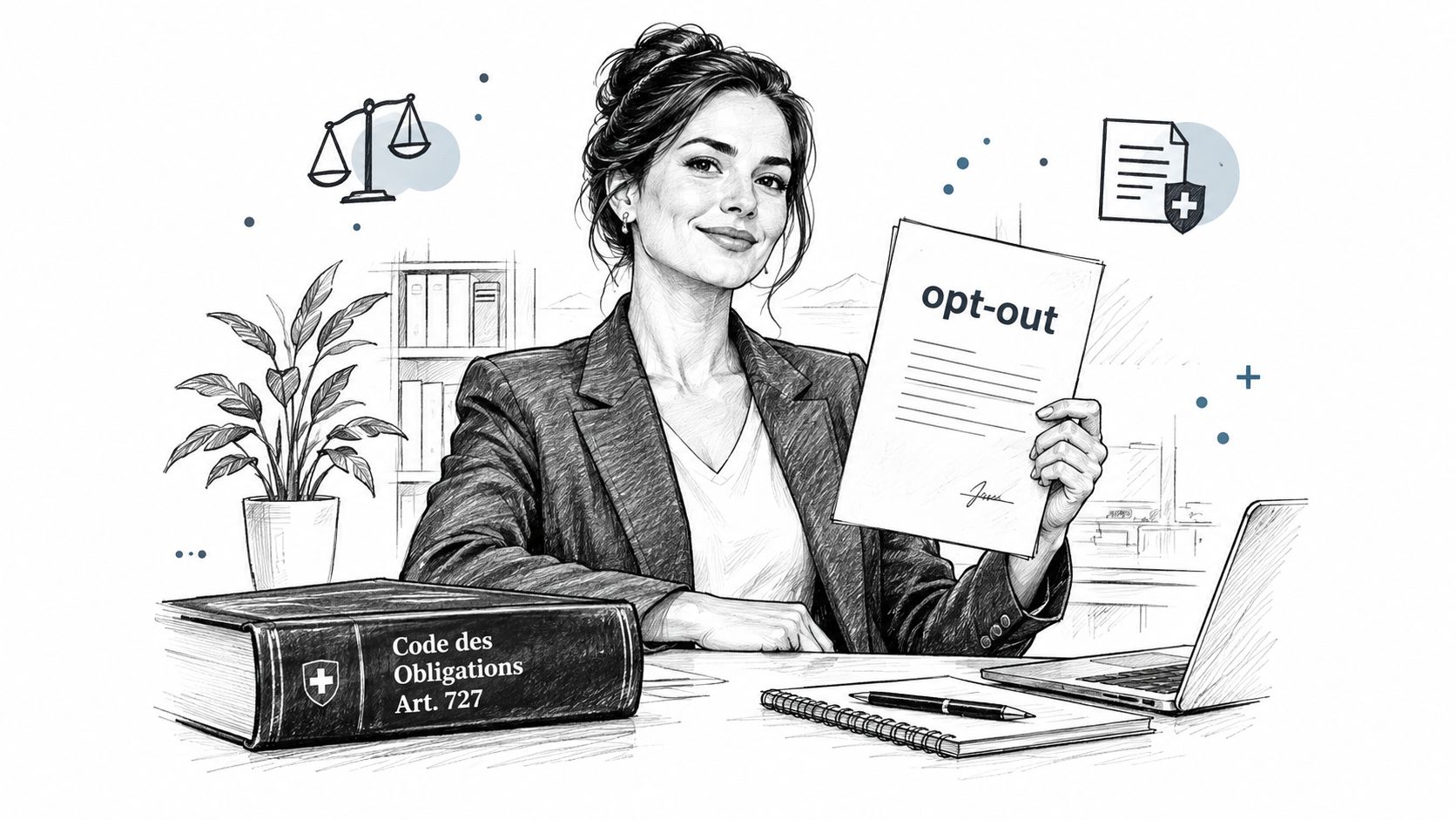 Une femme professionnelle en costume tient un document opt-out à côté d'un Code des Obligations suisse.