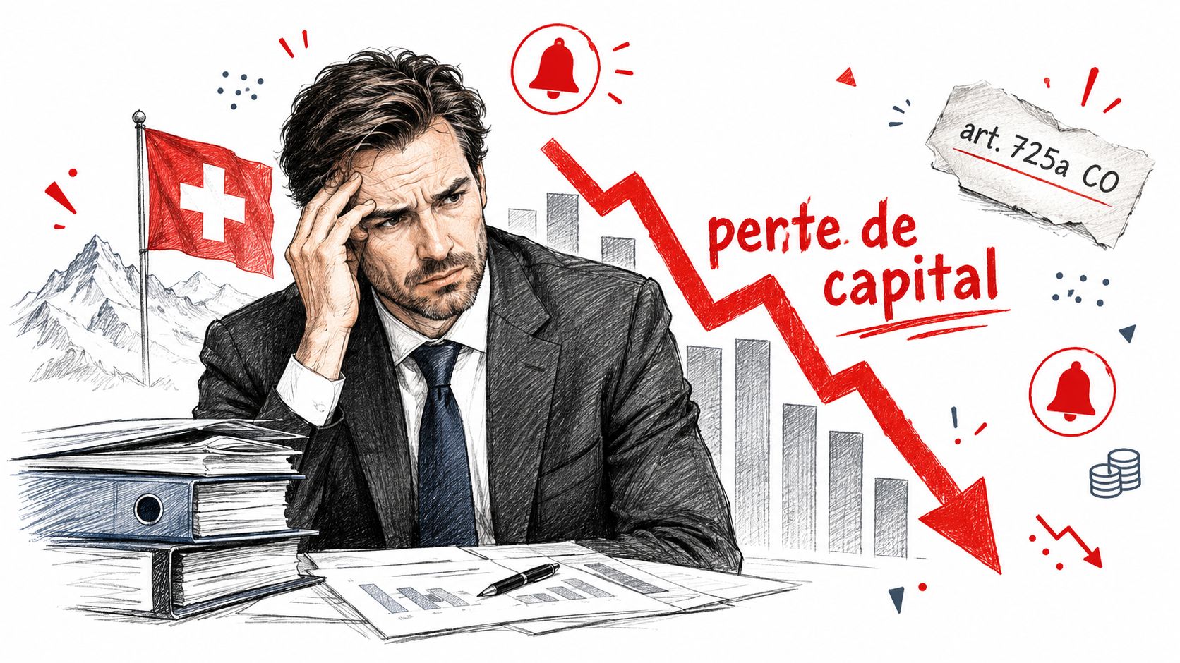 Homme d'affaires inquiet assis devant des documents financiers avec un graphique montrant une perte de capital importante.