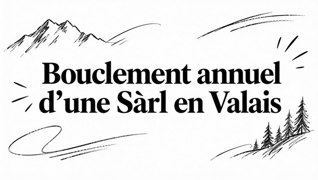 Croquis au crayon de montagnes et de sapins autour du titre « Bouclement annuel d’une Sàrl en Valais »