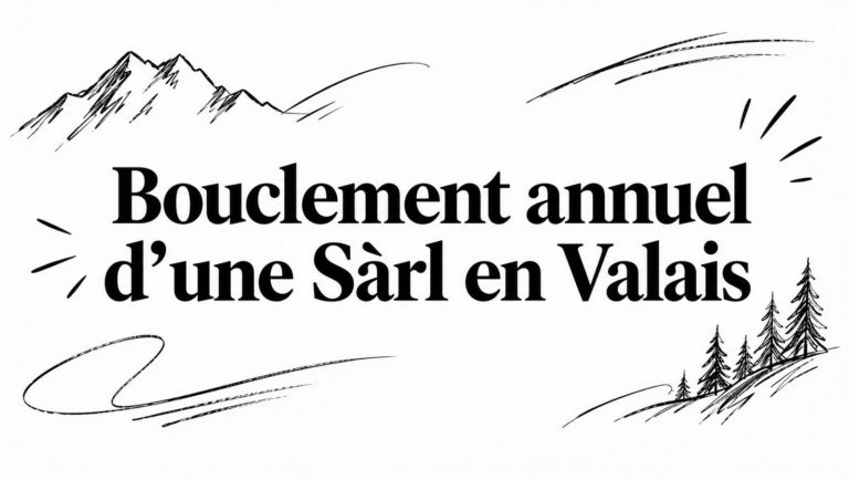 Croquis au crayon de montagnes et de sapins autour du titre « Bouclement annuel d’une Sàrl en Valais »