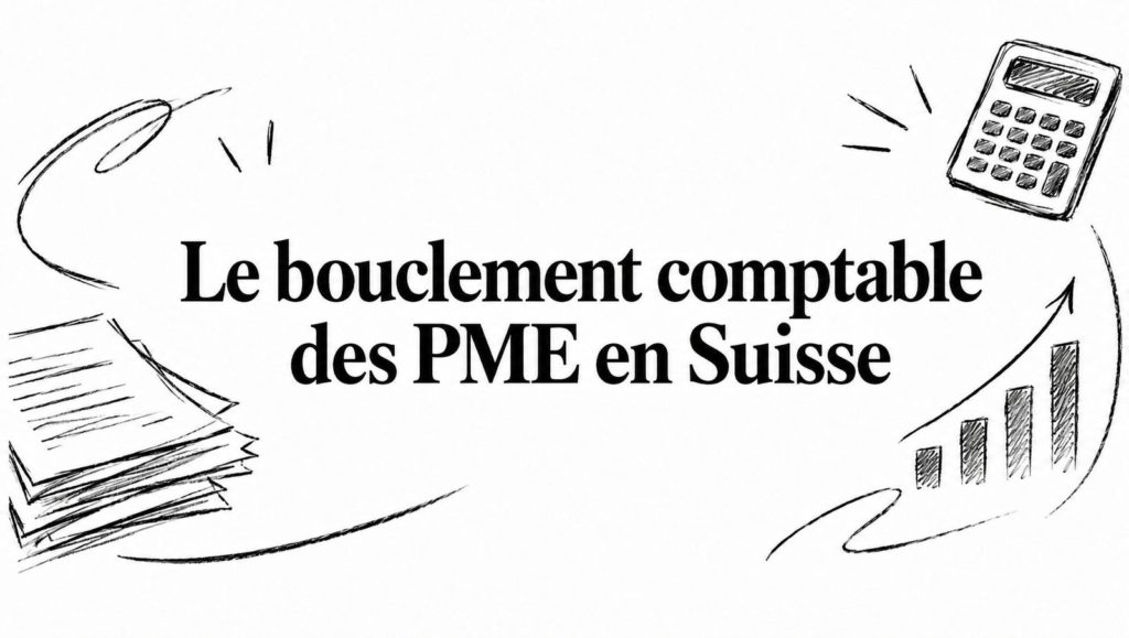 Titre « Le bouclement comptable des PME en Suisse » entouré de croquis : documents, calculatrice et graphique en hausse