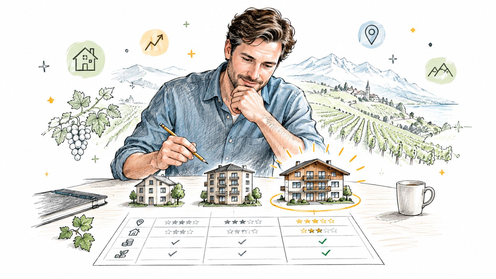 Un homme examinant des plans immobiliers dans un paysage pittoresque du Valais avec des vignobles et montagnes.