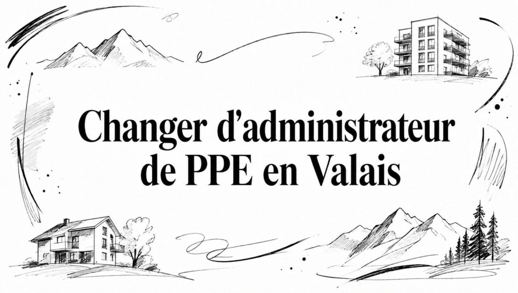 Titre « Changer d’administrateur de PPE en Valais » entouré de croquis au crayon : montagnes, immeuble, maison et sapins