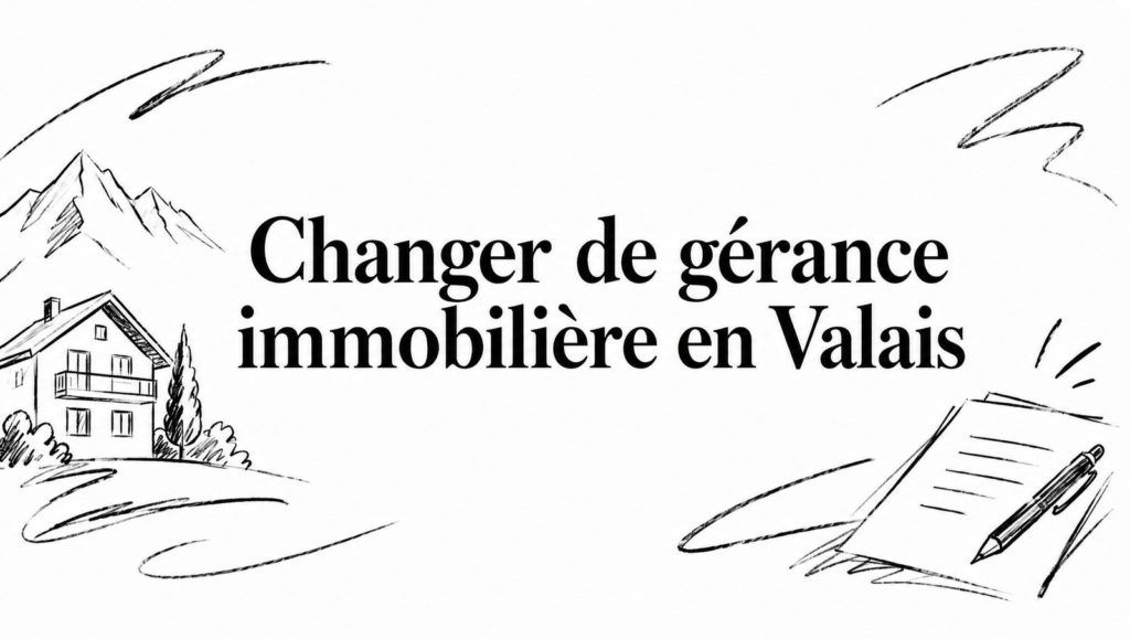 Titre « Changer de gérance immobilière en Valais » entouré de croquis au crayon : montagnes, chalet, sapin et contrat