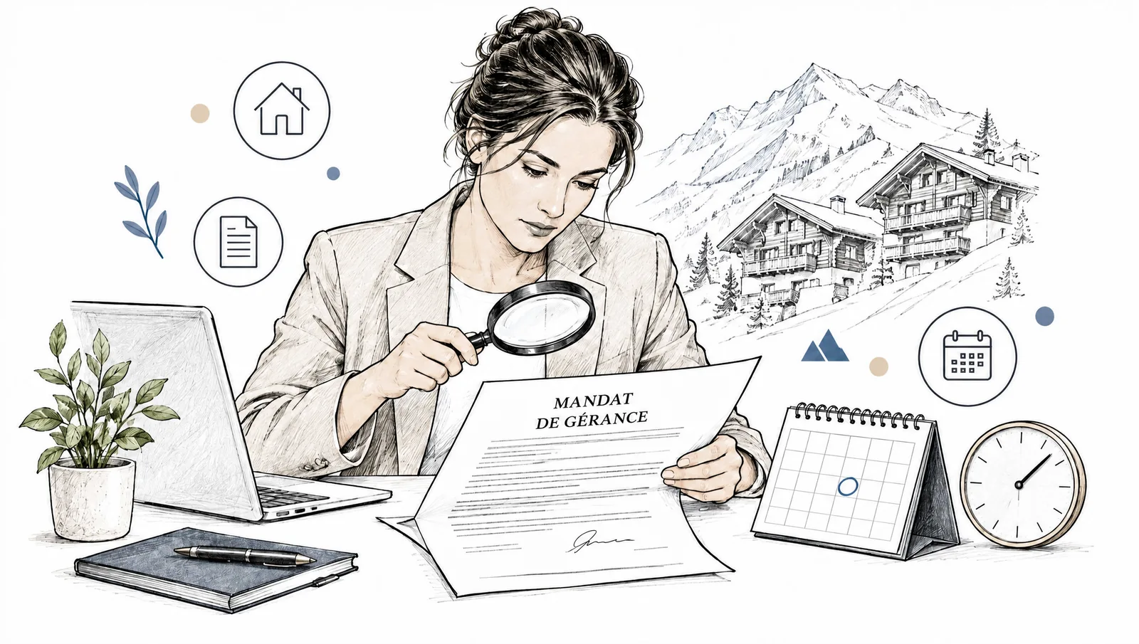 Croquis d'une femme qui relit à la loupe un mandat de gérance avant de changer de régie, chalets valaisans en fond