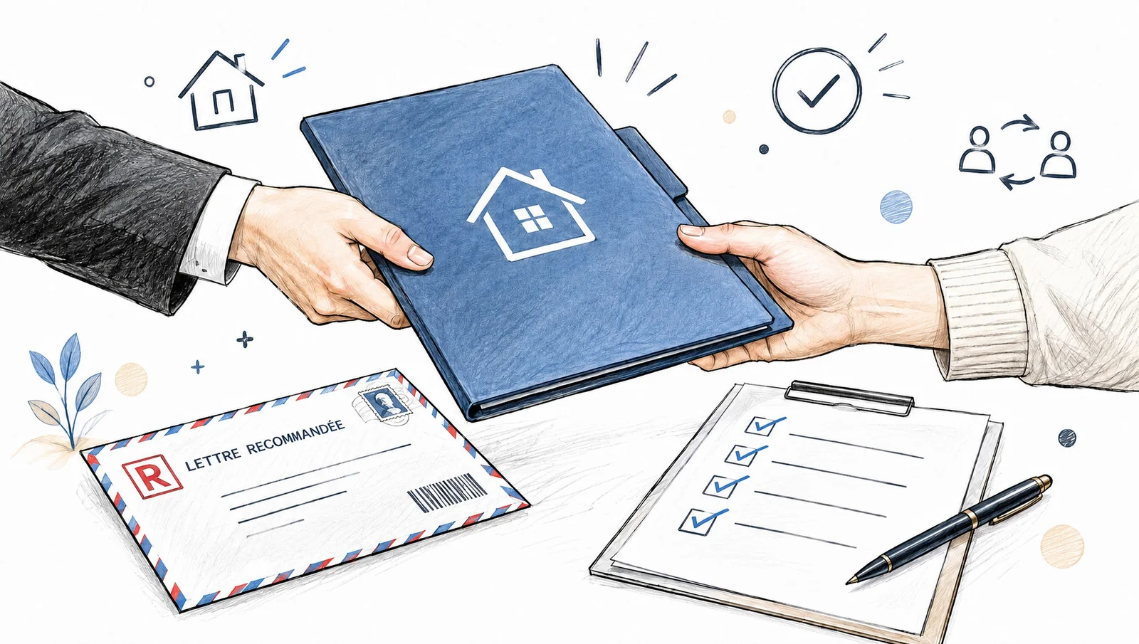 Croquis de la remise du dossier immobilier à la nouvelle gérance, avec lettre recommandée de résiliation et liste de contrôle