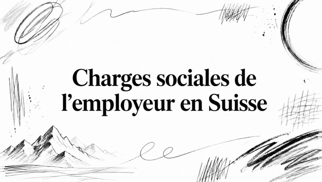Titre « Charges sociales de l’employeur en Suisse » entouré de montagnes, hachures et traits d’encre dessinés au crayon
