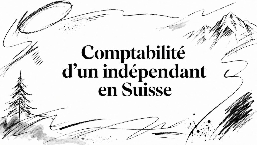 Titre « Comptabilité d’un indépendant en Suisse » entouré de croquis au crayon : sapin, sommets alpins et traits d’encre