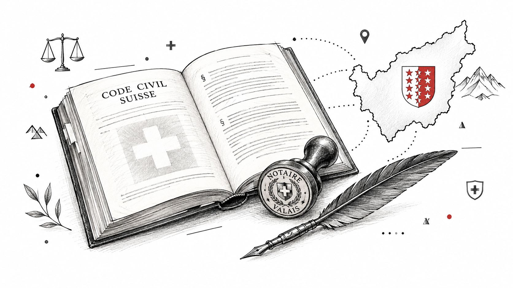 Un livre de droit civil suisse, un sceau de notaire et une carte du canton du Valais.
