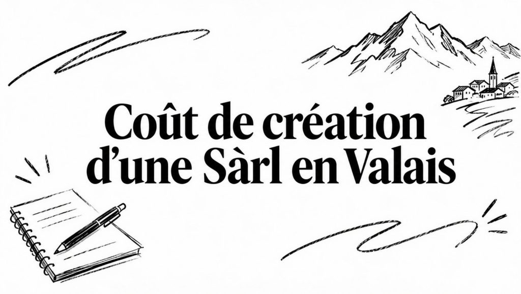 Titre « Coût de création d’une Sàrl en Valais » entouré de croquis au crayon : montagnes, village et carnet avec stylo