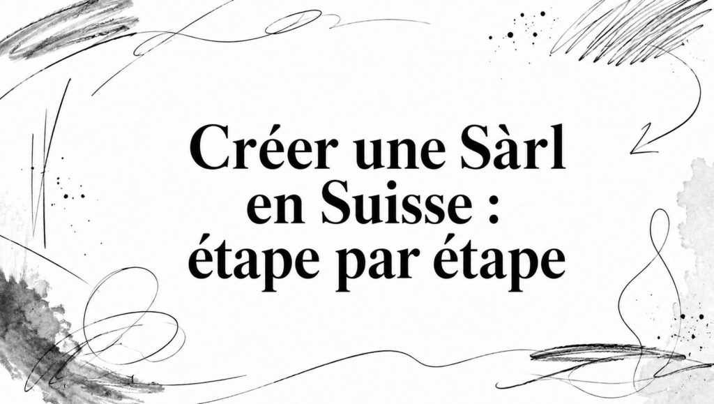 Titre « Créer une Sàrl en Suisse : étape par étape » entouré de traits d’encre, de lavis gris et d’une flèche au crayon