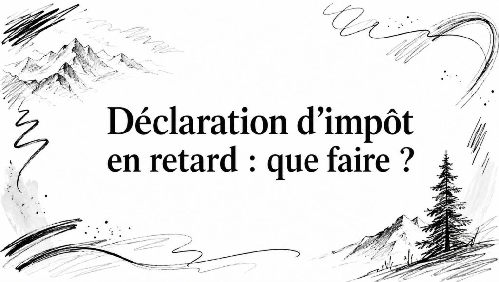 Titre « Déclaration d’impôt en retard : que faire ? » entre des croquis au crayon de montagnes alpines et d’un sapin