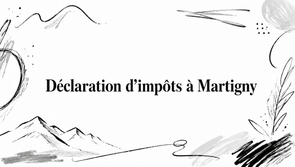 Titre « Déclaration d’impôts à Martigny » entre des croquis au crayon de montagnes et d’un rameau feuillu