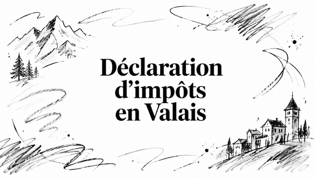 Titre « Déclaration d’impôts en Valais » entouré de croquis au crayon : sommets, sapins et village perché avec clocher