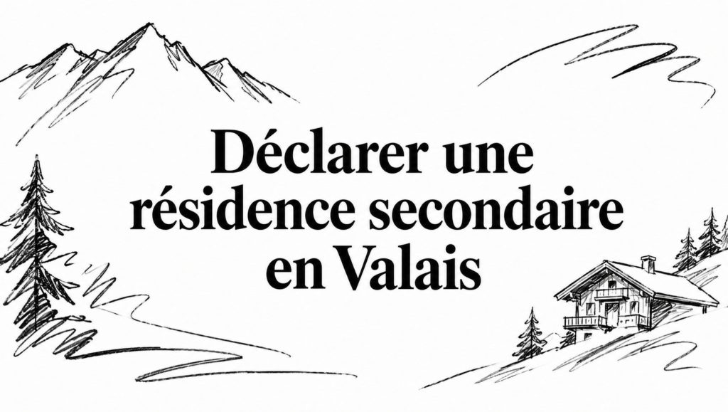 Titre « Déclarer une résidence secondaire en Valais » entouré de croquis au crayon de montagnes, de sapins et d’un chalet