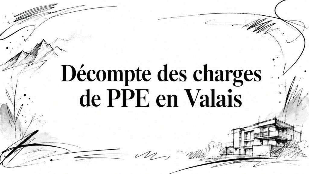 Titre « Décompte des charges de PPE en Valais » entouré de croquis au crayon : montagnes, herbes et immeuble moderne