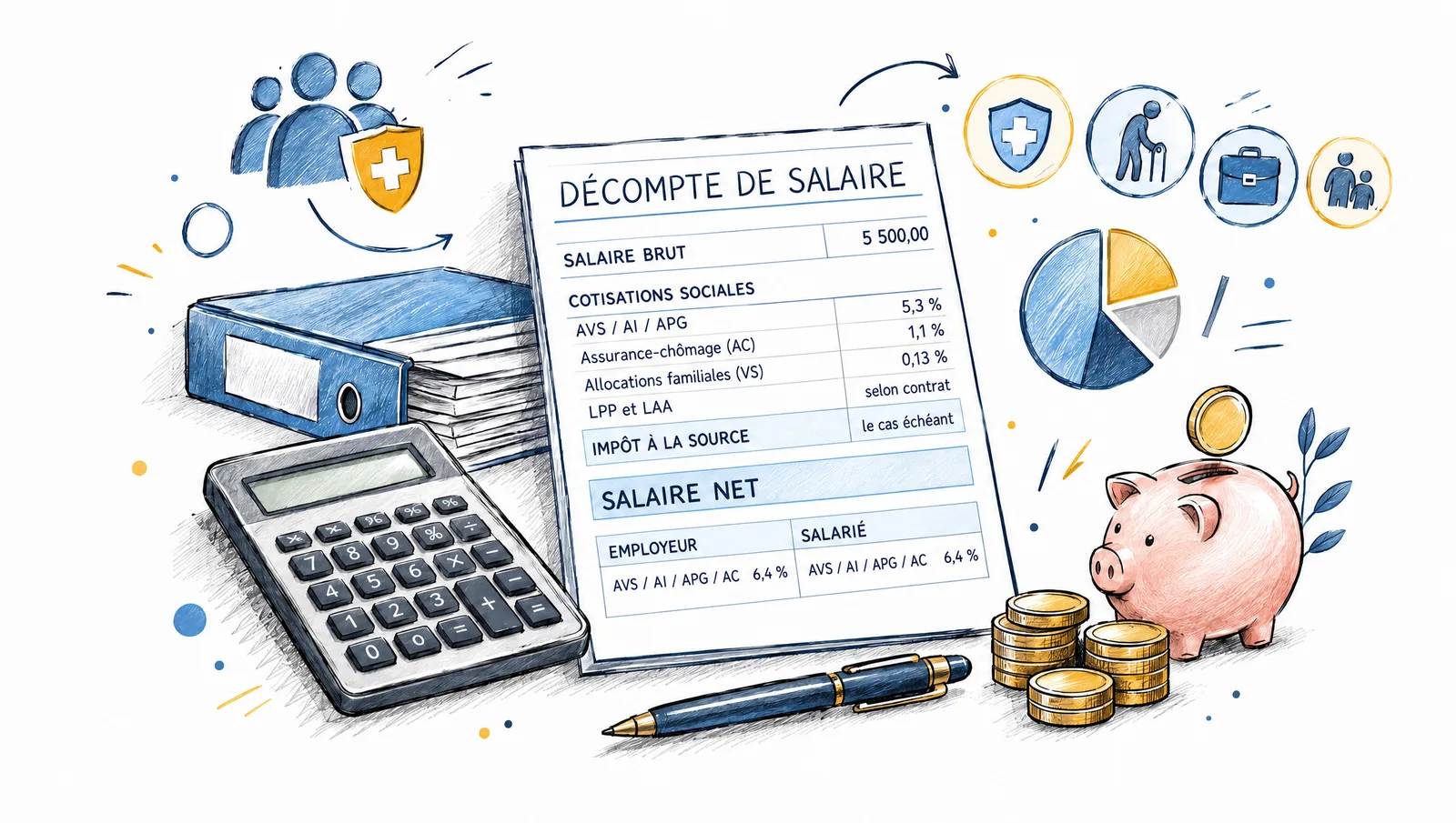 Croquis d'un décompte de salaire : AVS/AI/APG 5,3 %, chômage 1,1 %, allocations familiales VS 0,13 %, LPP et LAA