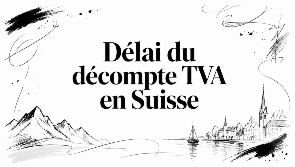 Titre « Délai du décompte TVA en Suisse » entre des montagnes, un voilier et un village au bord du lac dessinés au crayon