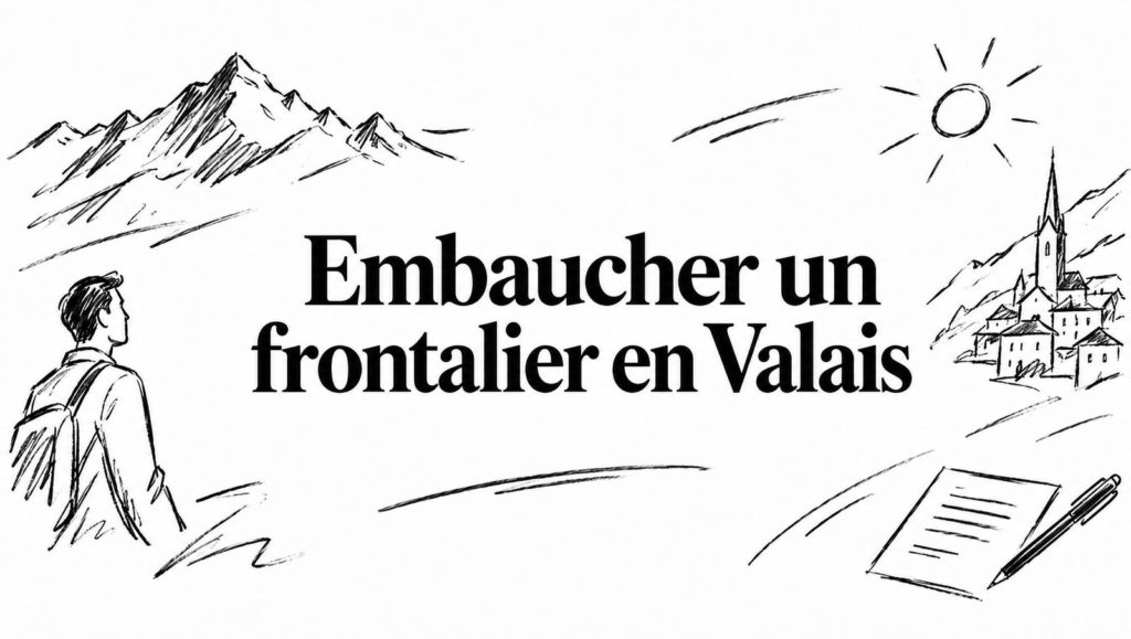 Titre « Embaucher un frontalier en Valais » entouré de croquis : randonneur avec sac à dos, montagnes, village et contrat
