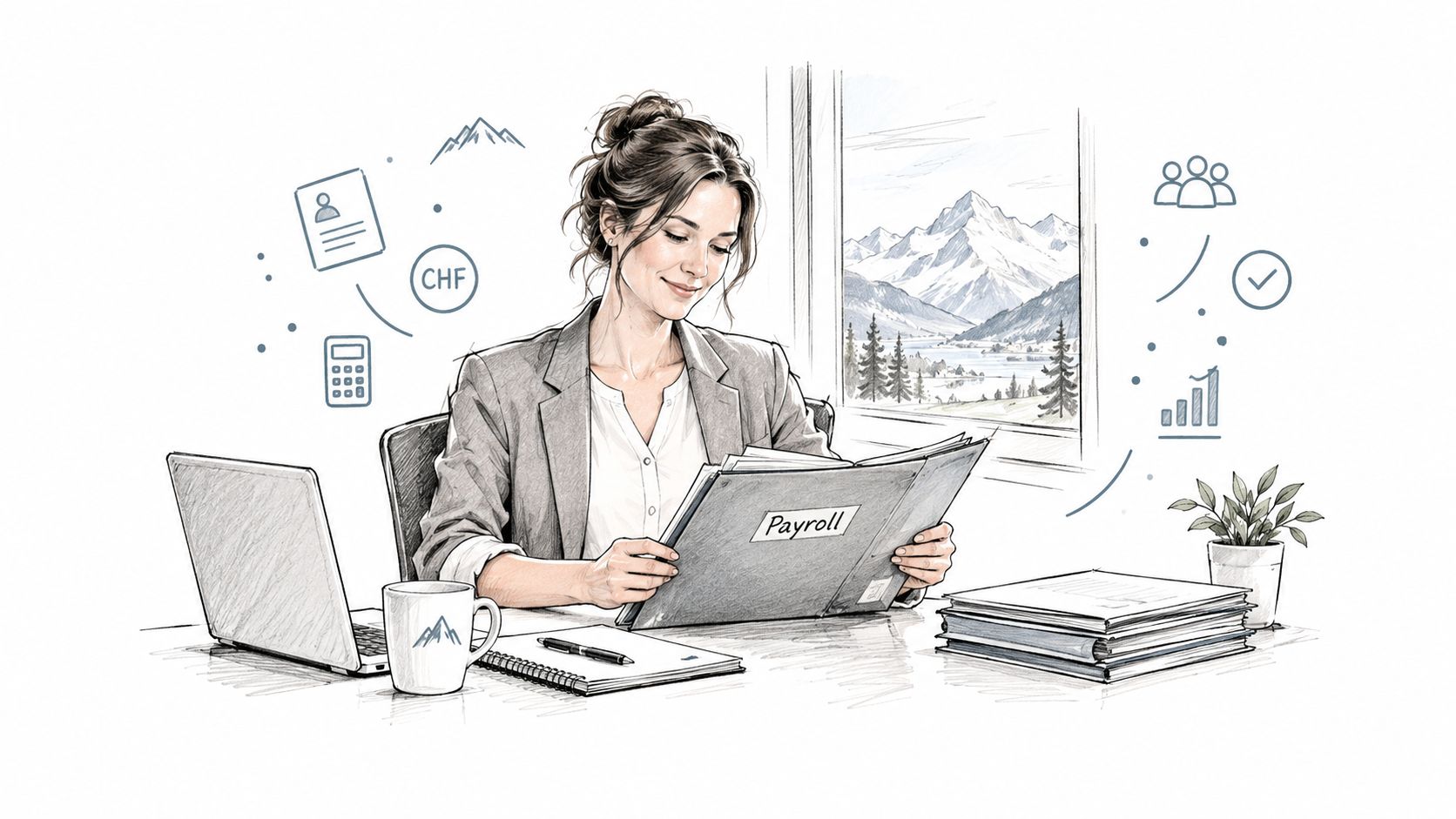 Une professionnelle souriante examinant des dossiers de paie dans un bureau moderne avec une vue sur les Alpes.