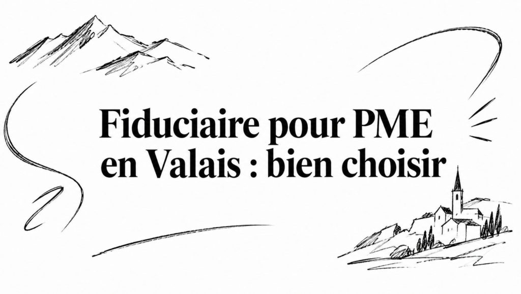 Croquis de montagnes et d’un village avec clocher autour du titre « Fiduciaire pour PME en Valais : bien choisir »