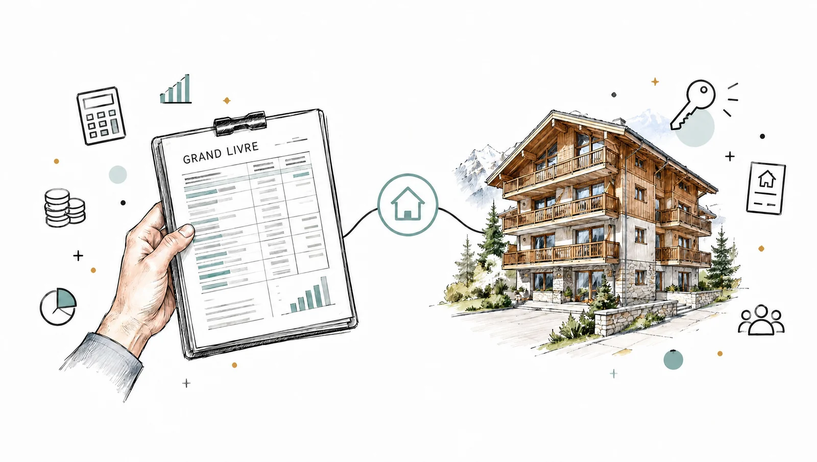 Dessin d'un grand livre comptable relié à un chalet locatif valaisan : comptabilité et gérance immobilière réunies