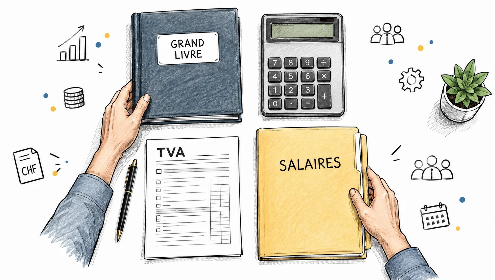 Dessin d'un bureau avec grand livre, calculatrice, formulaire TVA et dossier des salaires, services d'une fiduciaire PME