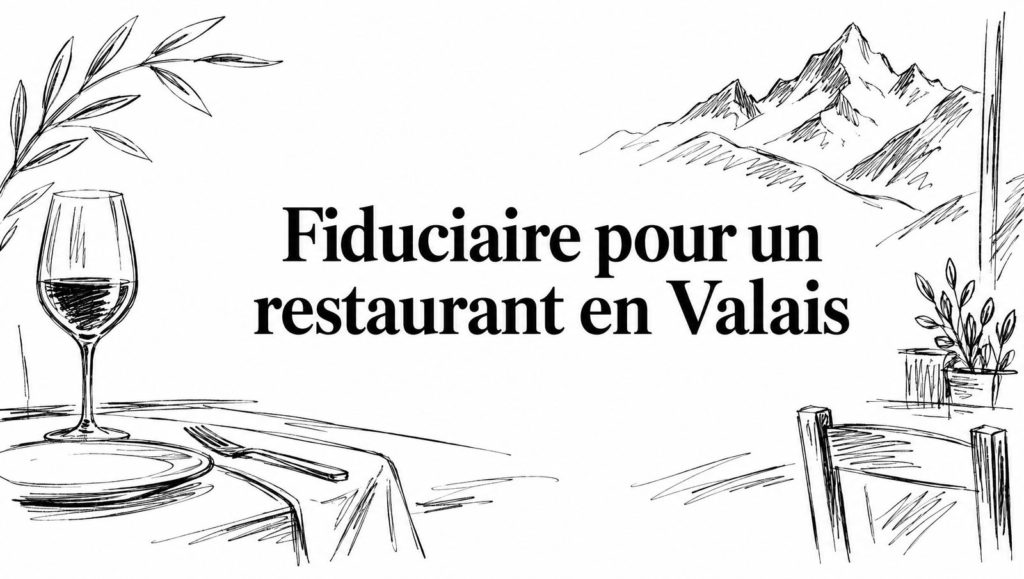 Croquis d’une table dressée, d’un verre de vin et de montagnes autour du titre « Fiduciaire pour un restaurant en Valais »