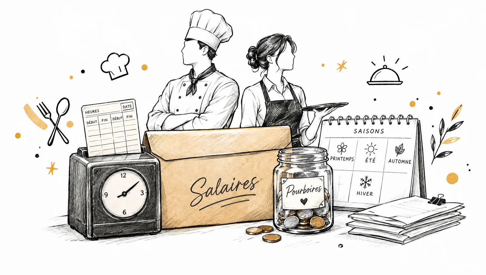Croquis d'un chef et d'une serveuse avec pointeuse, enveloppe des salaires, bocal à pourboires et calendrier des saisons
