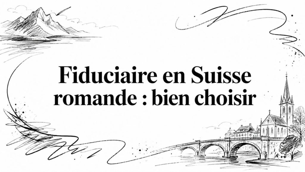 Titre « Fiduciaire en Suisse romande : bien choisir » entre un lac alpin, un pont en pierre et une église au crayon