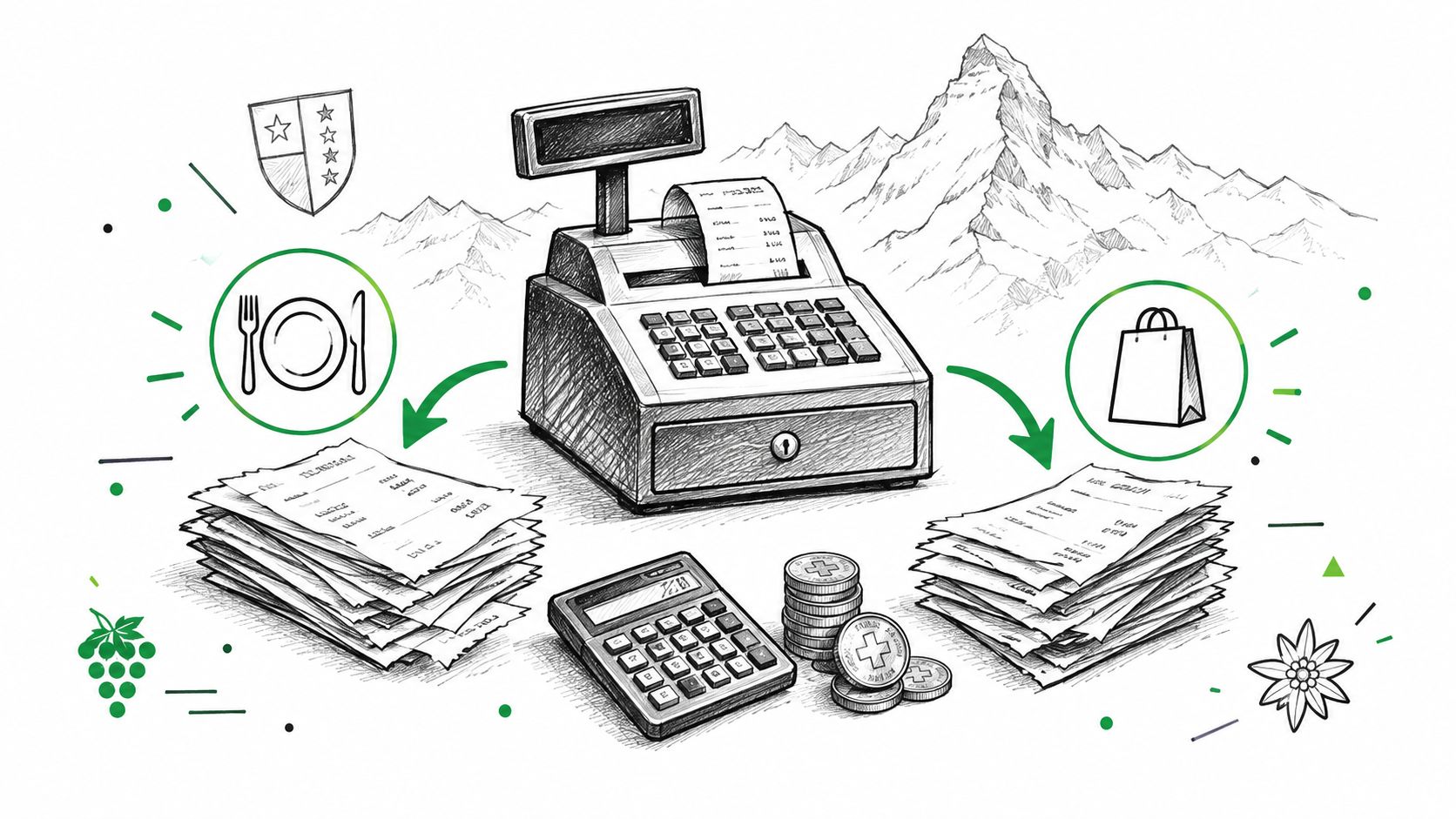 Illustration de caisse enregistreuse et factures pour la gestion financière des restaurants en Suisse valaisanne.