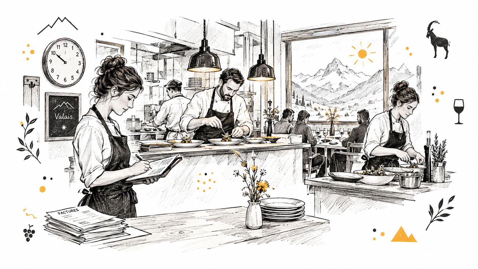 Scène de vie quotidienne dans une cuisine de restaurant professionnel située dans les montagnes du Valais, Suisse.