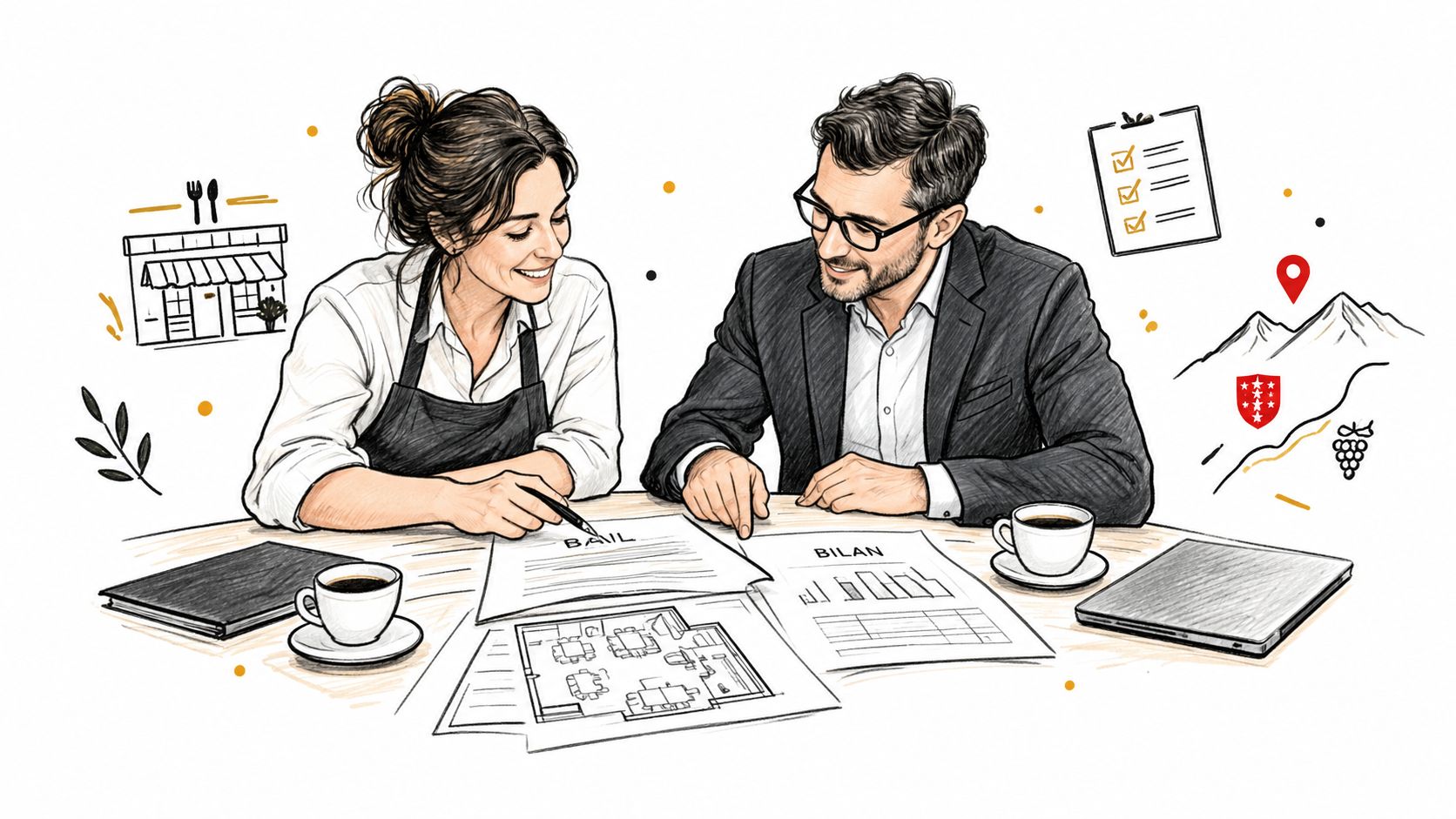 Une restauratrice et un fiduciaire examinent ensemble un bail commercial et un bilan financier en Valais.