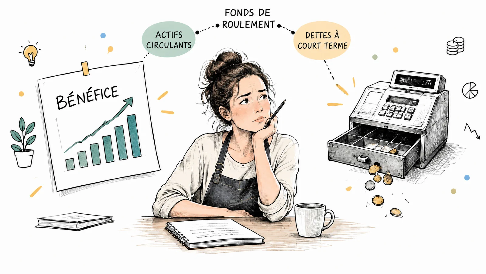 Dirigeante de PME entre un graphique de bénéfice et une caisse qui se vide : fonds de roulement et dettes à court terme