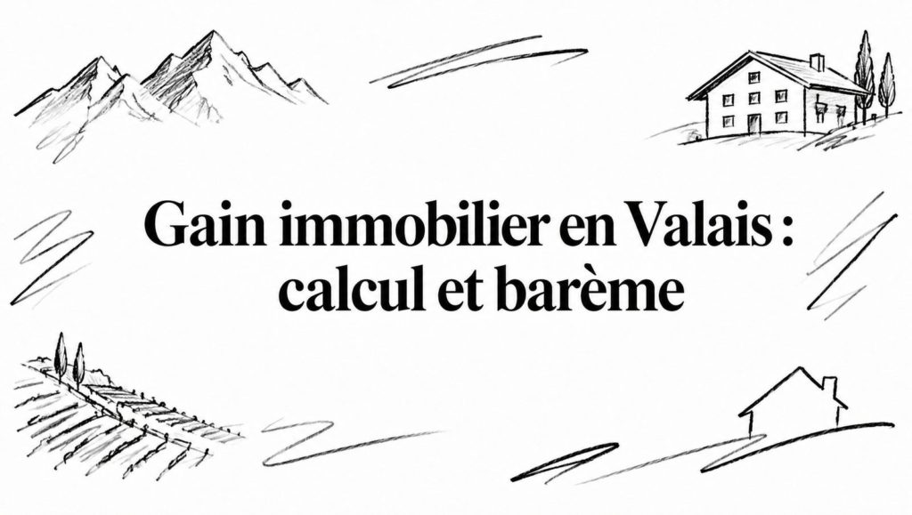 Titre « Gain immobilier en Valais : calcul et barème » entouré de croquis au crayon de montagnes, de vignes et de maisons