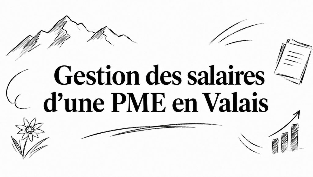 Croquis de montagnes, d’un edelweiss et d’un graphique autour du titre « Gestion des salaires d’une PME en Valais »