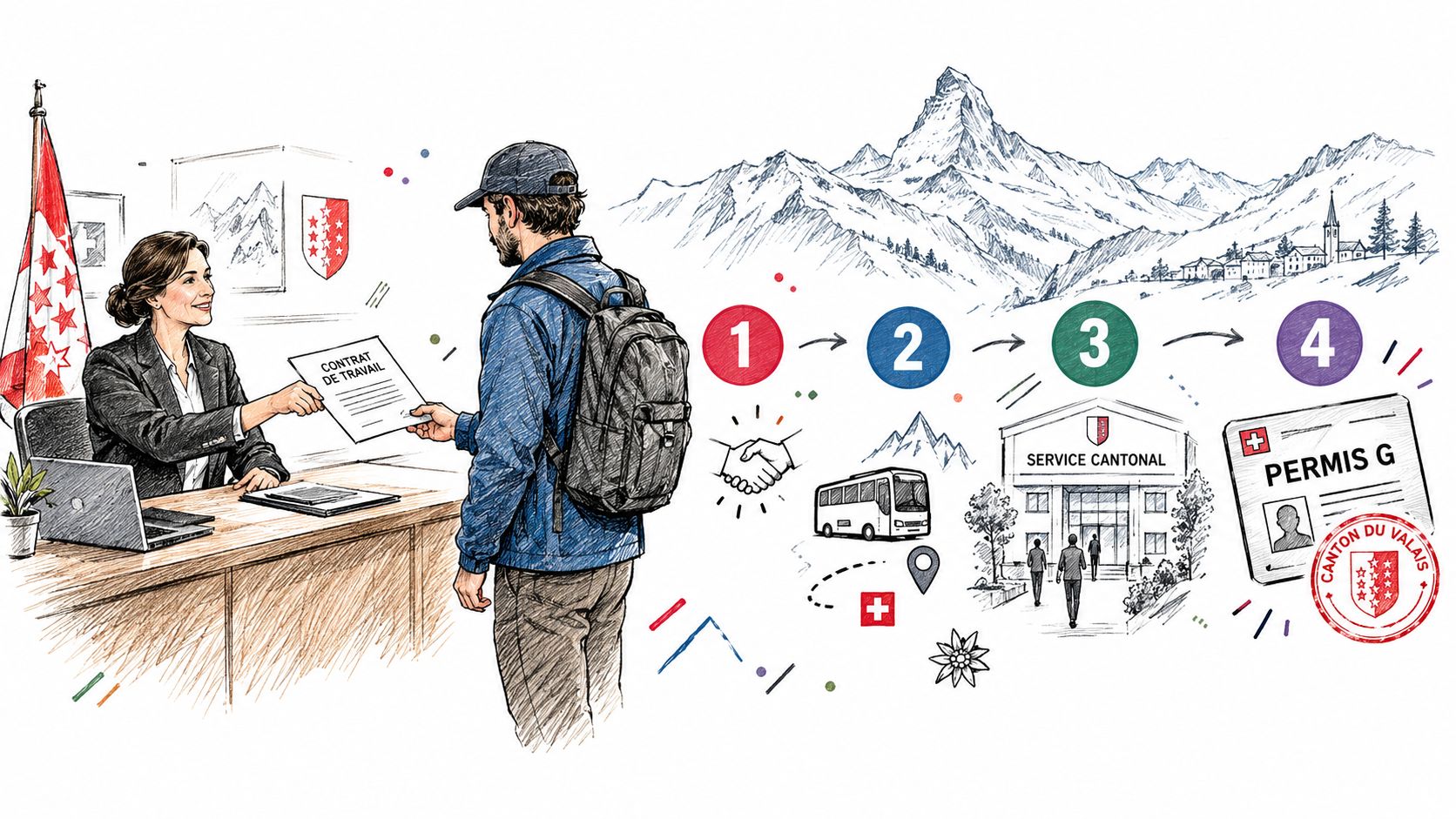 Une illustration montrant le processus administratif pour embaucher un travailleur frontalier dans le canton du Valais.