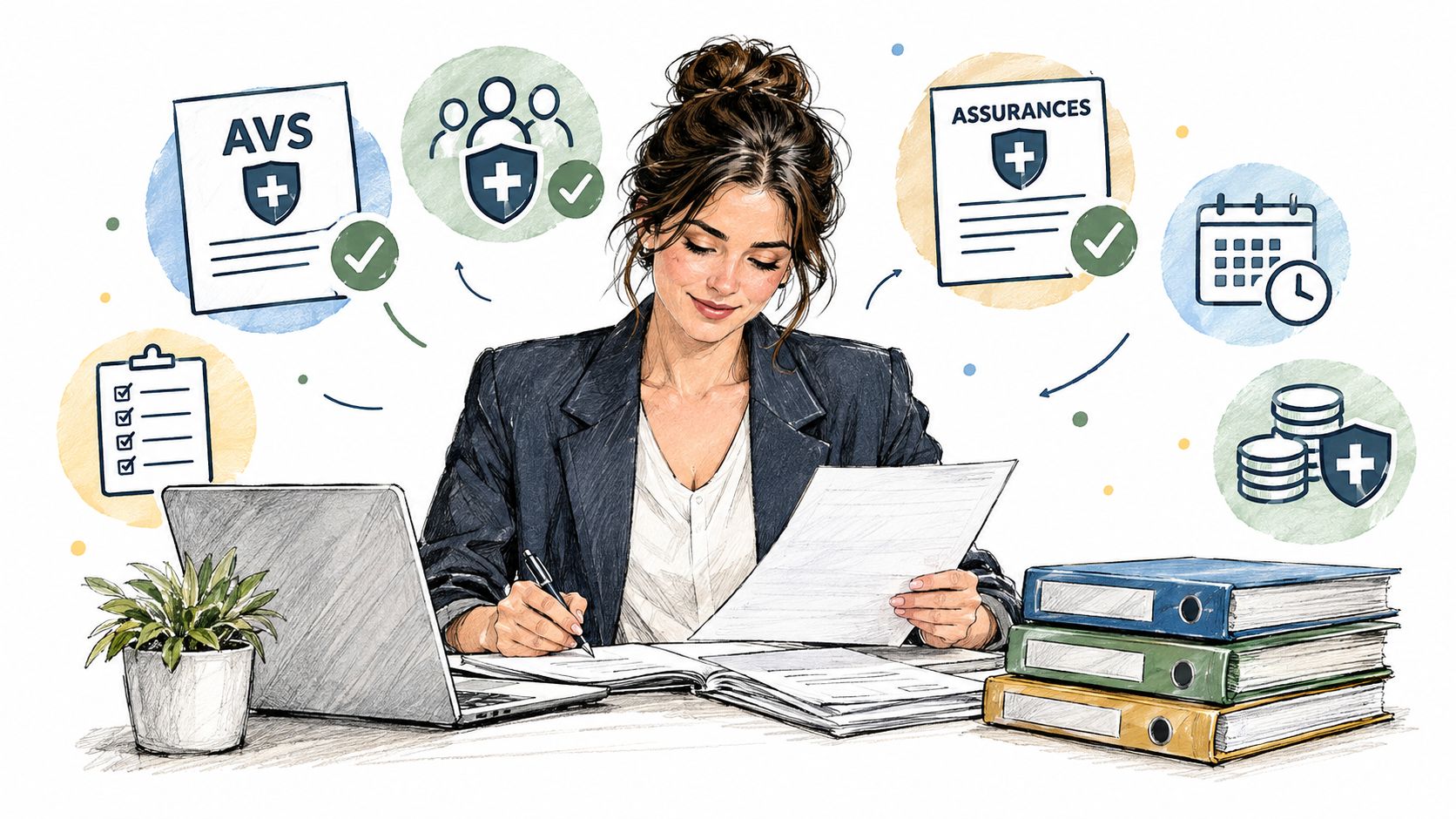 Une femme d'affaires examinant des documents administratifs liés aux assurances et à la prévoyance sociale suisse.